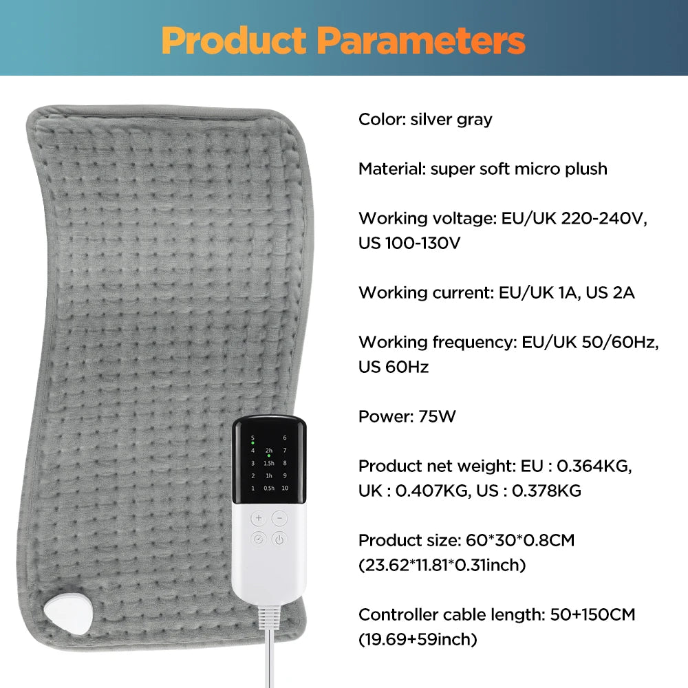 Electric Heating Pad for Pain Relief 60x30cm - Washable Wellness Tool Relaxation Treatment Tidesmit