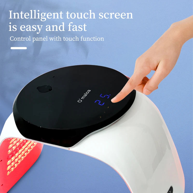 White arched LED light therapy device with a round black touch screen control panel showing a digital display.