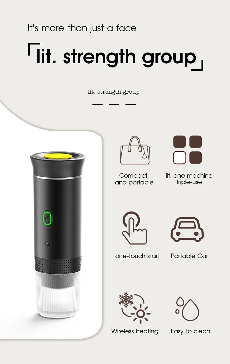 Lit. Strength Group portable black wireless electric coffee maker with one-touch button and clear cup base.
