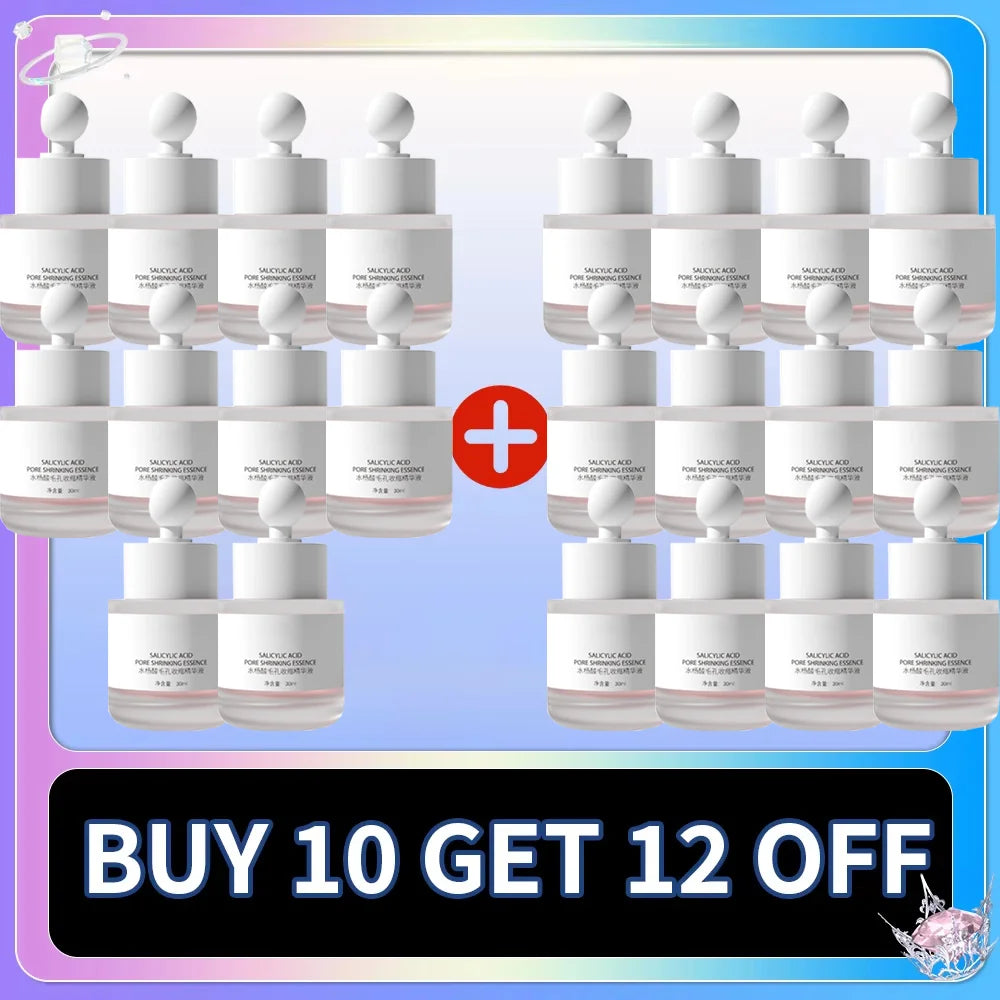 Twelve 30ml glass dropper bottles of salicylic acid pore shrinking essence, grouped for a bulk promotion.