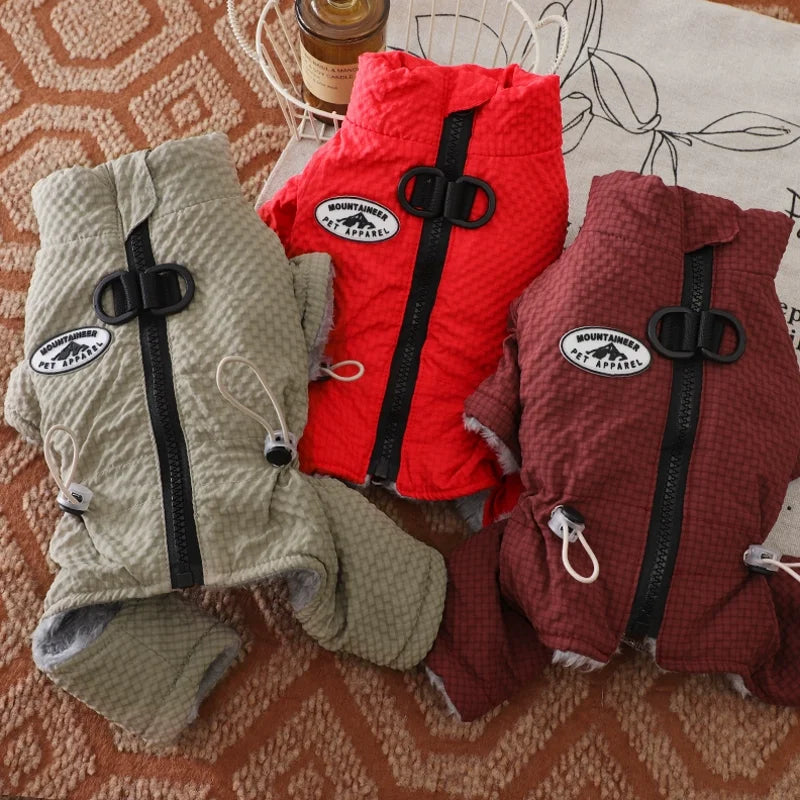 Waterproof, warm winter dog jumpsuits for small pets in green, red, and maroon with a cozy fleece lining.