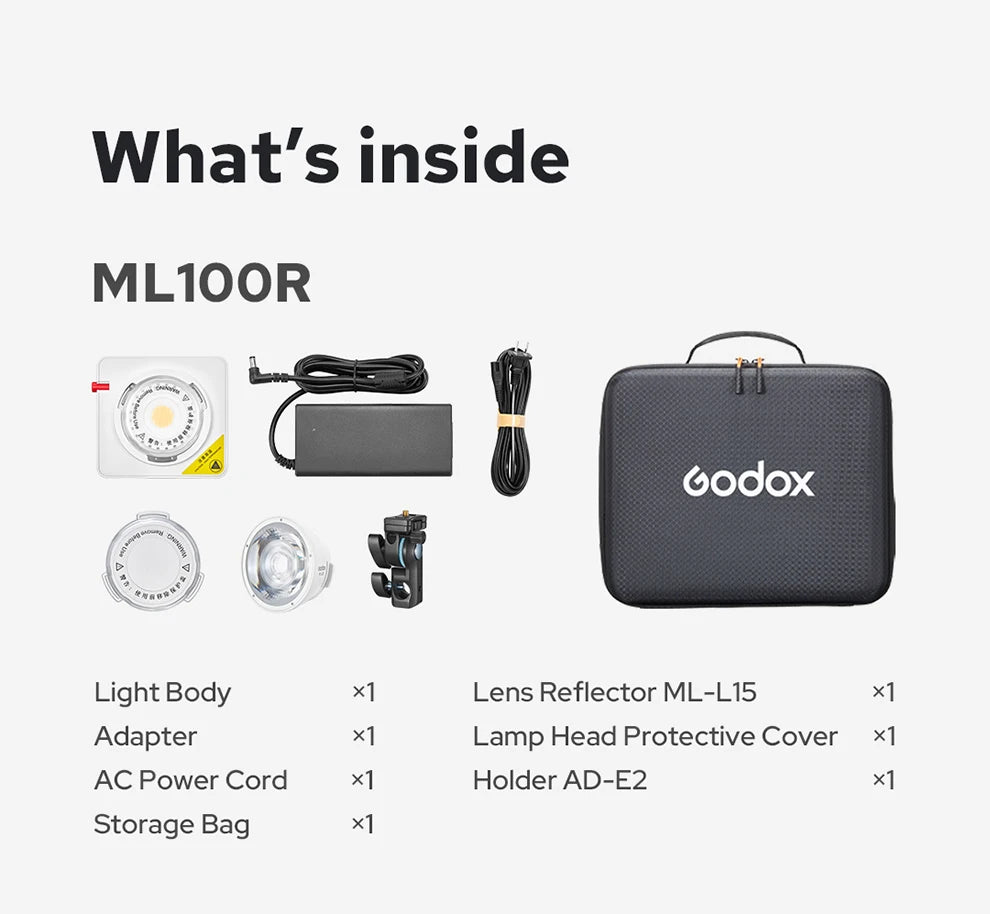 ML100R LED light kit components including light, power adapter, cables, reflector, mount, and a black storage bag.