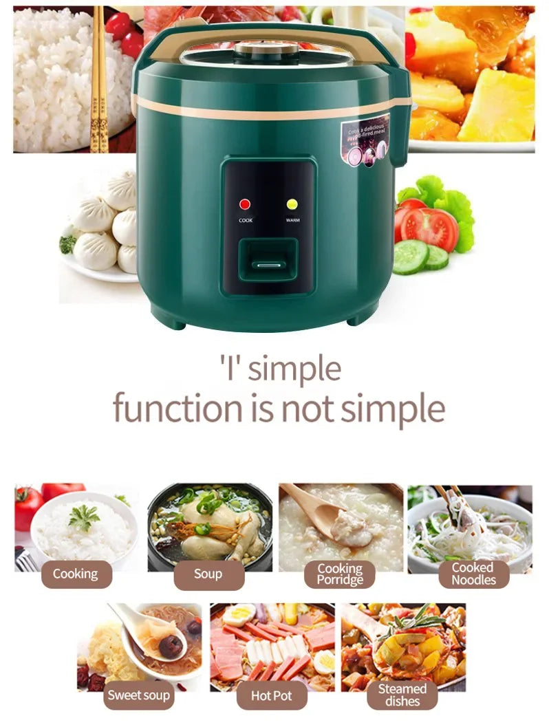 Green 24V electric rice cooker with front controls and open lid, steaming inside food