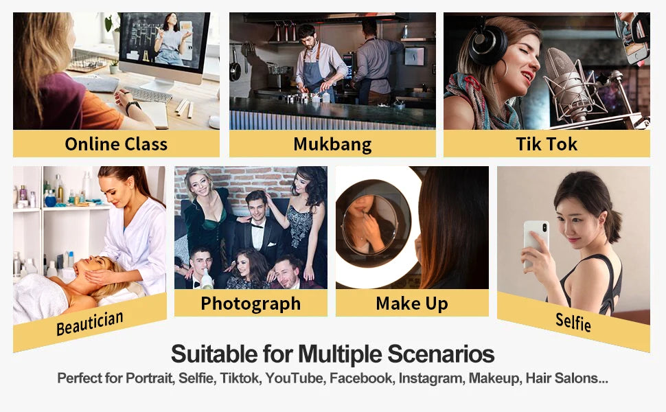 Collage showing a white circular LED ring light used for online classes, video content, makeup, and photography.