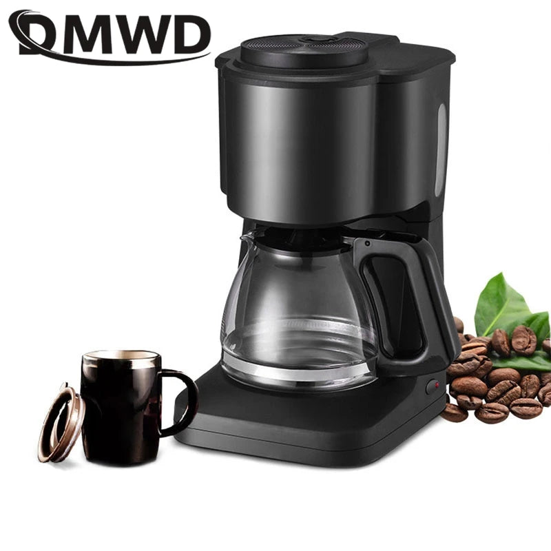MWD black drip coffee maker with glass carafe, compact design, and matching travel mug with coffee beans.