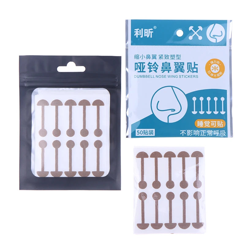 Invisible dumbbell-shaped nose wing stickers for nose slimming and lifting in retail packaging.