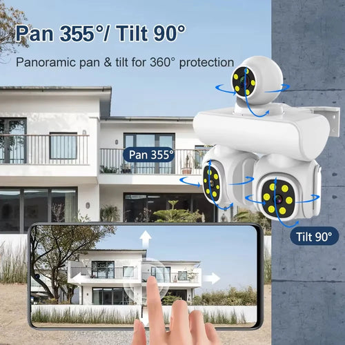 Wall-mounted white PTZ security camera with rotating multi-lens heads