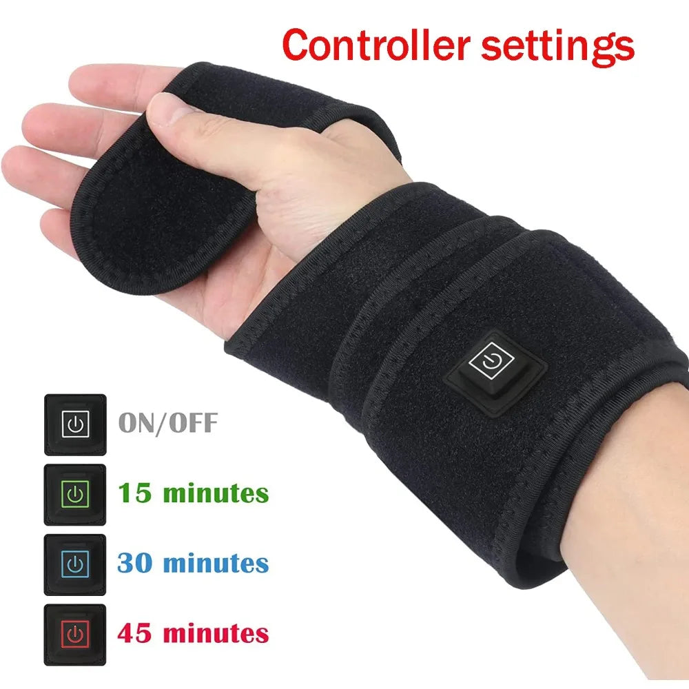 Black LED red light therapy wrist wrap with adjustable controller settings for joint pain relief and wellness support.