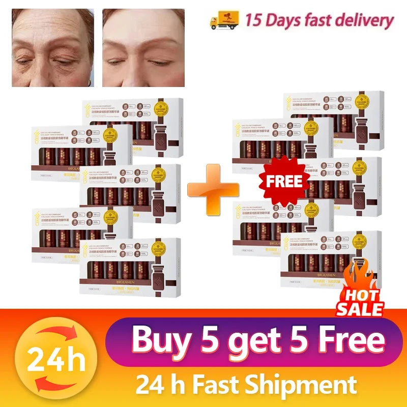 Promotional collage for collagen essence with boxes and Buy 5 get 5 Free offer
