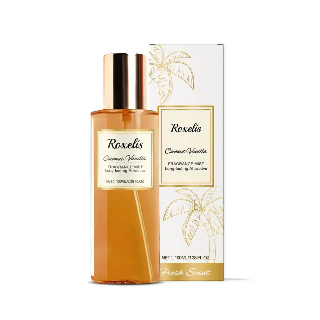 Roxelis Coconut Vanilla body mist, 100ml cylindrical glass bottle, elegant long-lasting fresh niche fragrance for women.