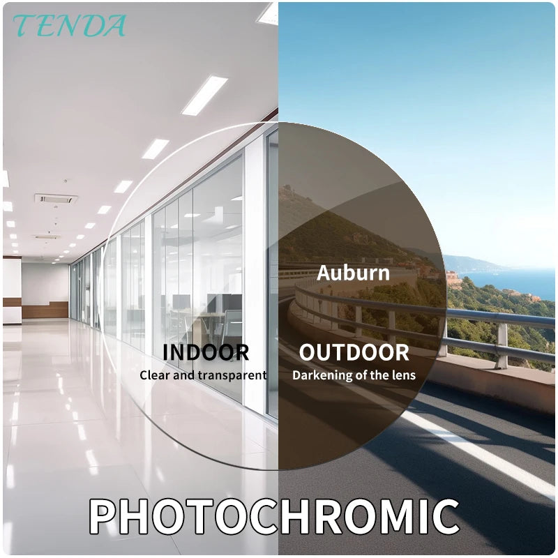 Photochromic lenses shown half-clear for indoor use and half-darkened auburn for outdoor sun protection.