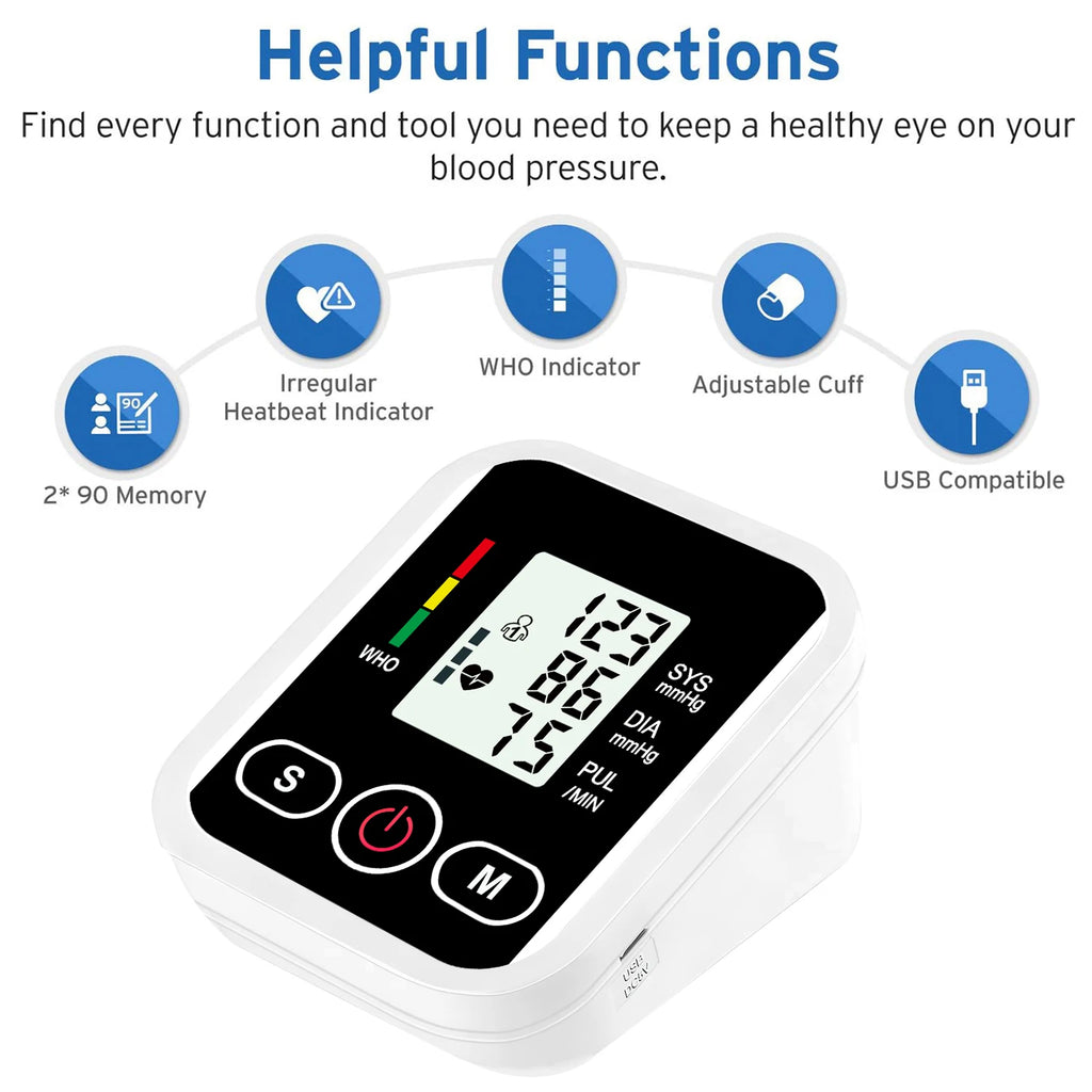 Arm Blood Pressure Monitor LCD Pressure Sensor Monitor BP Automatic Tonometer Digital Tensiometer LED Display Cuff Heart