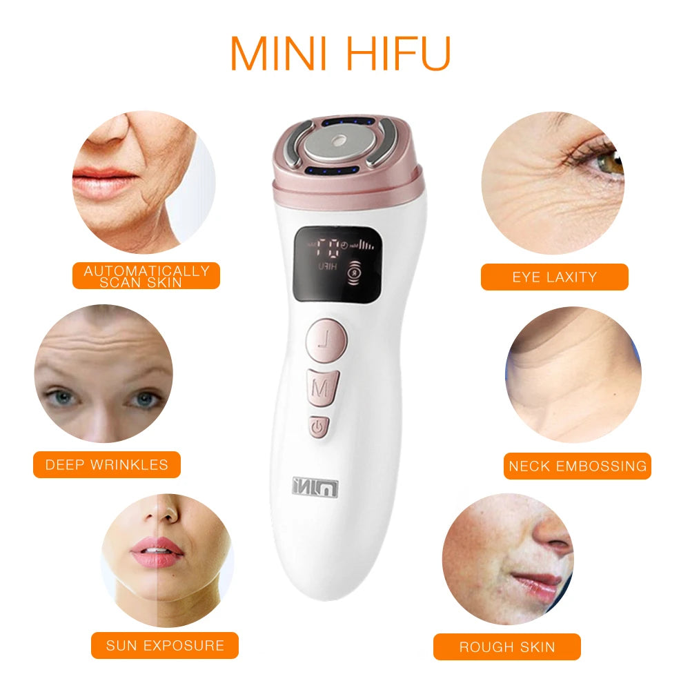 White and rose gold handheld Mini HIFU facial skin tightening device with digital display and treatment mode buttons.