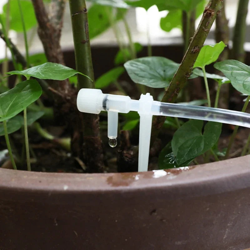 Automatic drip irrigation set with adjustable outlet watering potted plants