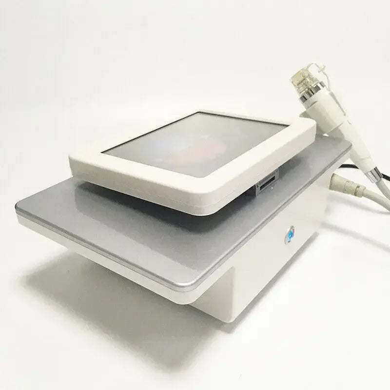 Portable fractional RF skin tightening machine with touchscreen and treatment wand for anti-wrinkle face and body care.