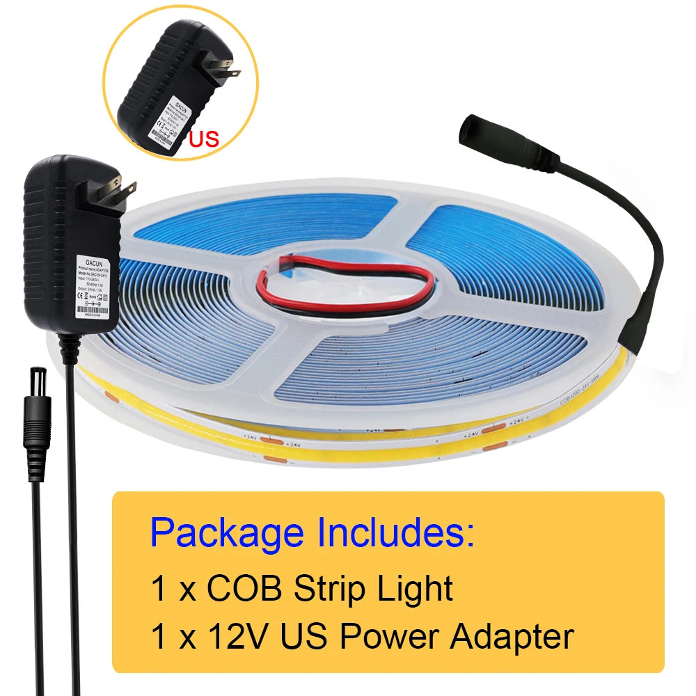 COB LED strip light kit with 12V US power adapter and inline cable