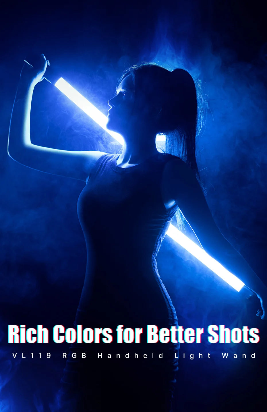 VL119 RGB handheld LED light wand, a long, cylindrical tool glowing blue behind a woman in a smoky environment.