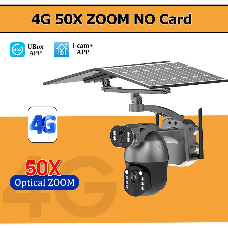 4G solar PTZ security camera, dual-lens, solar panel; no SD card included