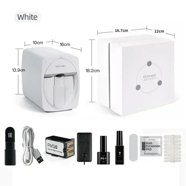 White portable smart 3D nail printer kit with dimensions, ink cartridge, gels, and accessories for DIY home salon use.