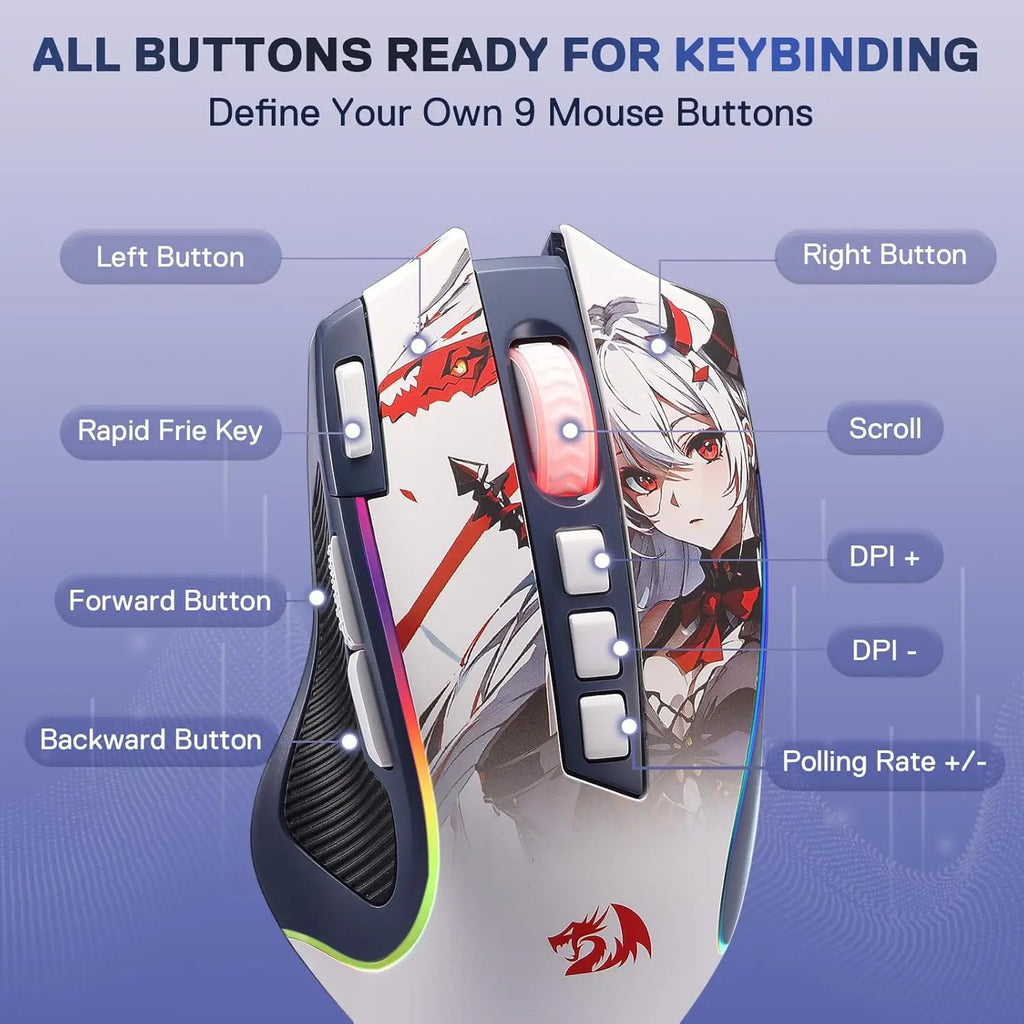 Redragon M612AK PRO RGB Gaming Mouse 8000 DPI Wired/Wireless Optical Mouse 9 Programmable Buttons 7 Backlit Modes