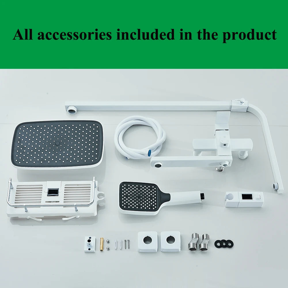 White Bathroom Shower Faucet Set Long Spout Rotation 3 Function Rainfall Headshower With Shelf Hot Cold Shower Mixer Tap System