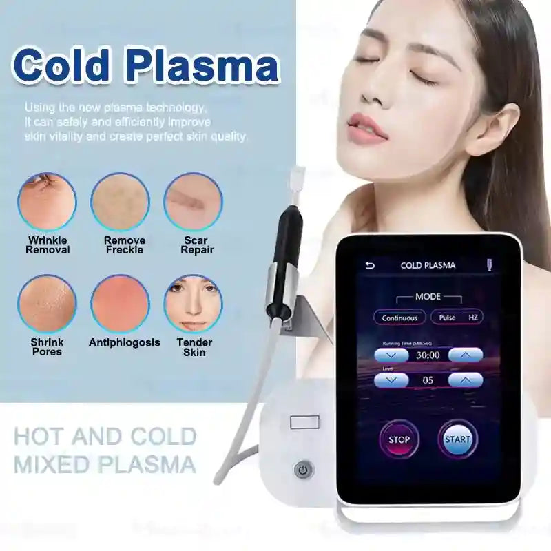 6-in-1 cold plasma beauty device with touchscreen, handpiece, and settings for anti-aging, acne, and skin repair.
