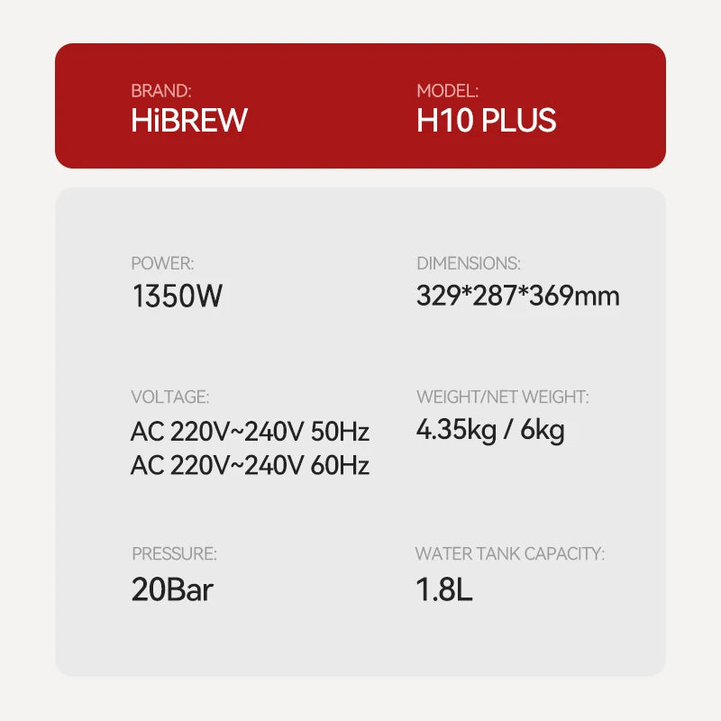 HiBREW H10 Plus coffee machine specifications: 1350W, 20 bar pressure, and 1.8L water tank capacity.