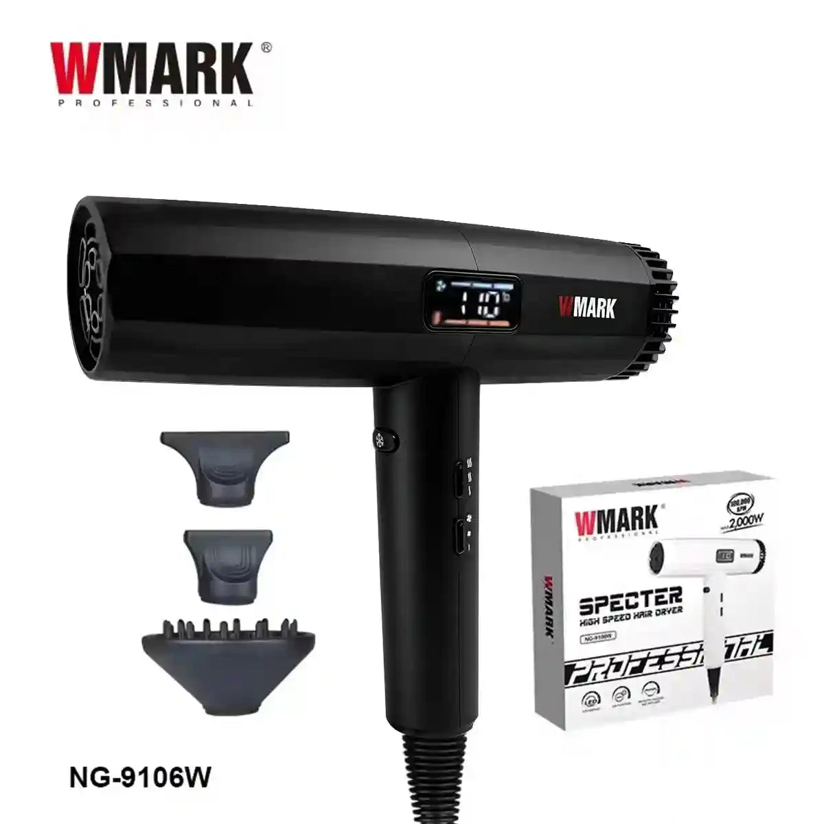 WMARK NG-9106W professional black hair dryer with digital display, speed settings, and 3 styling attachments included.