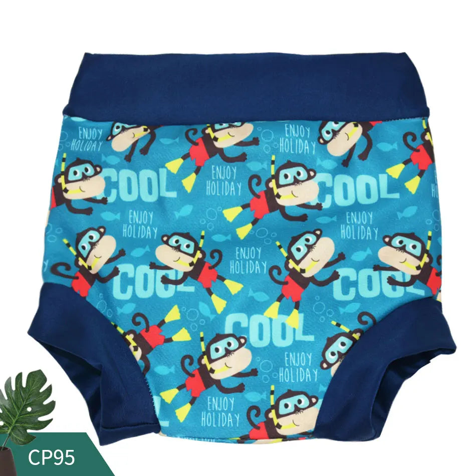 Reusable baby swim diaper featuring cute monkey diver print on blue background, model CP95.