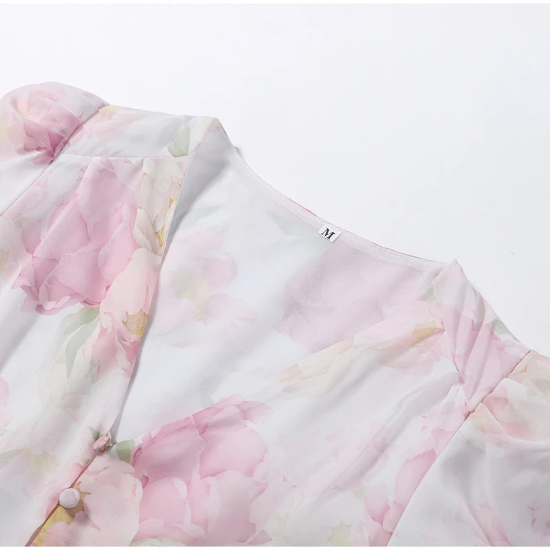 Printed Lace Patchwork Maxi Dress Women V-Neck Half Sleeve Single Breasted Lace Up Long Dresses 2026 Summer All-match Lady Robes