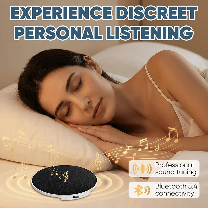 Wireless pillow speaker with fabric top, dark color body, under-pillow listening device