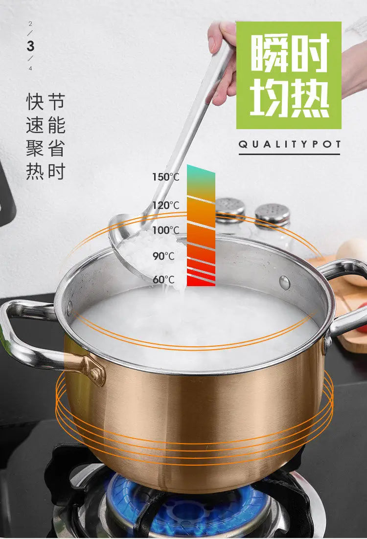 Stainless steel steamer pot with lid on gas burner, heat indicator view