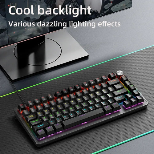 APAYADO 75% wired mechanical keyboard in black with RGB backlighting, transparent keys, and a top-right media knob.