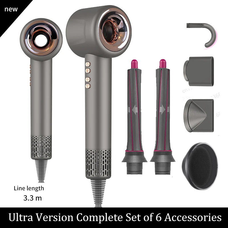 Grey leafless negative ion hair dryer with 6 styling attachments and long power cord for professional hair care.