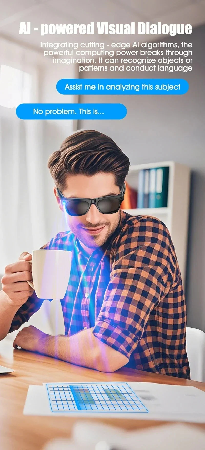 Black smart glasses with built-in AI for scanning and analyzing documents and objects, worn by a man at a desk.