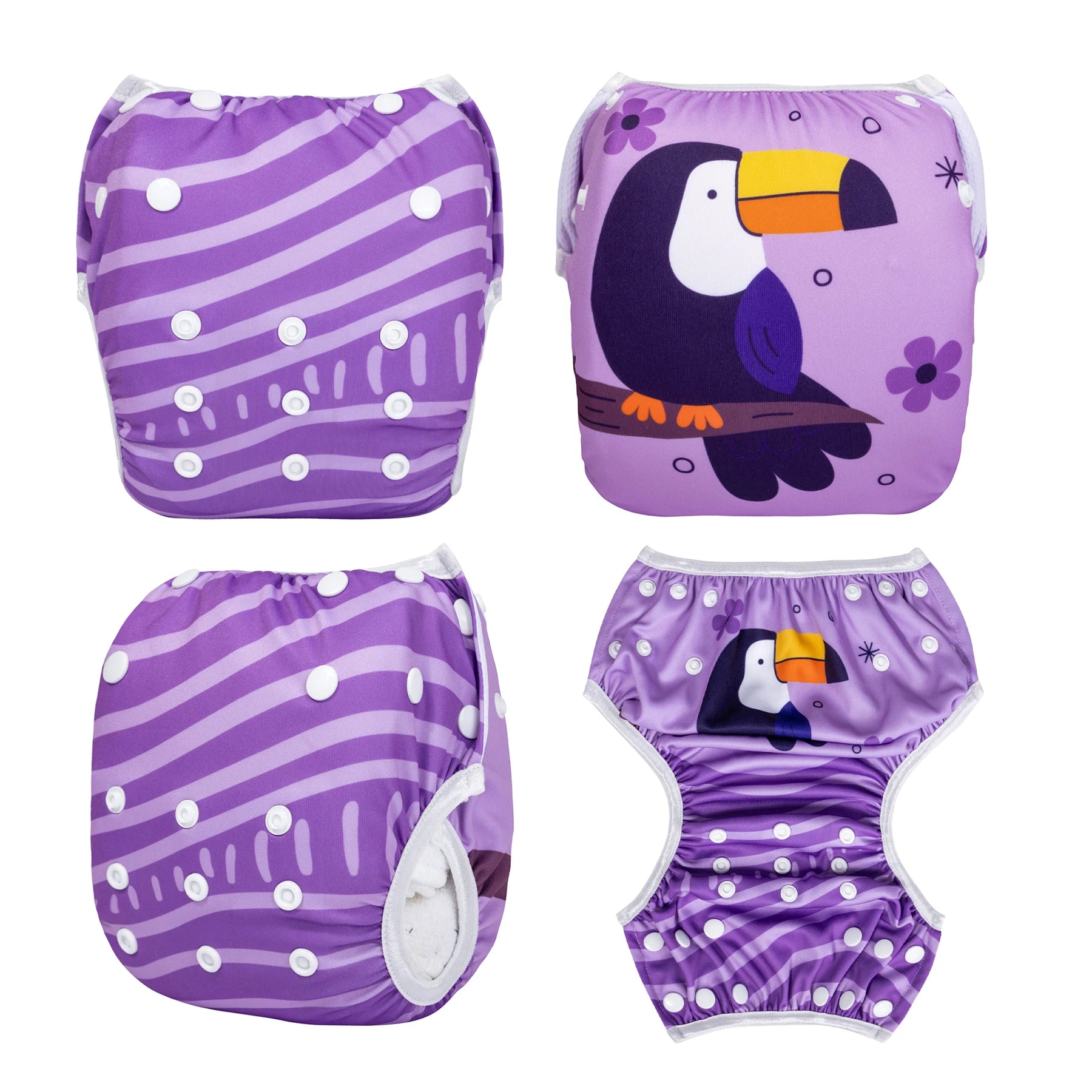 Adjustable purple toucan print reusable cloth baby diaper with snap closures.