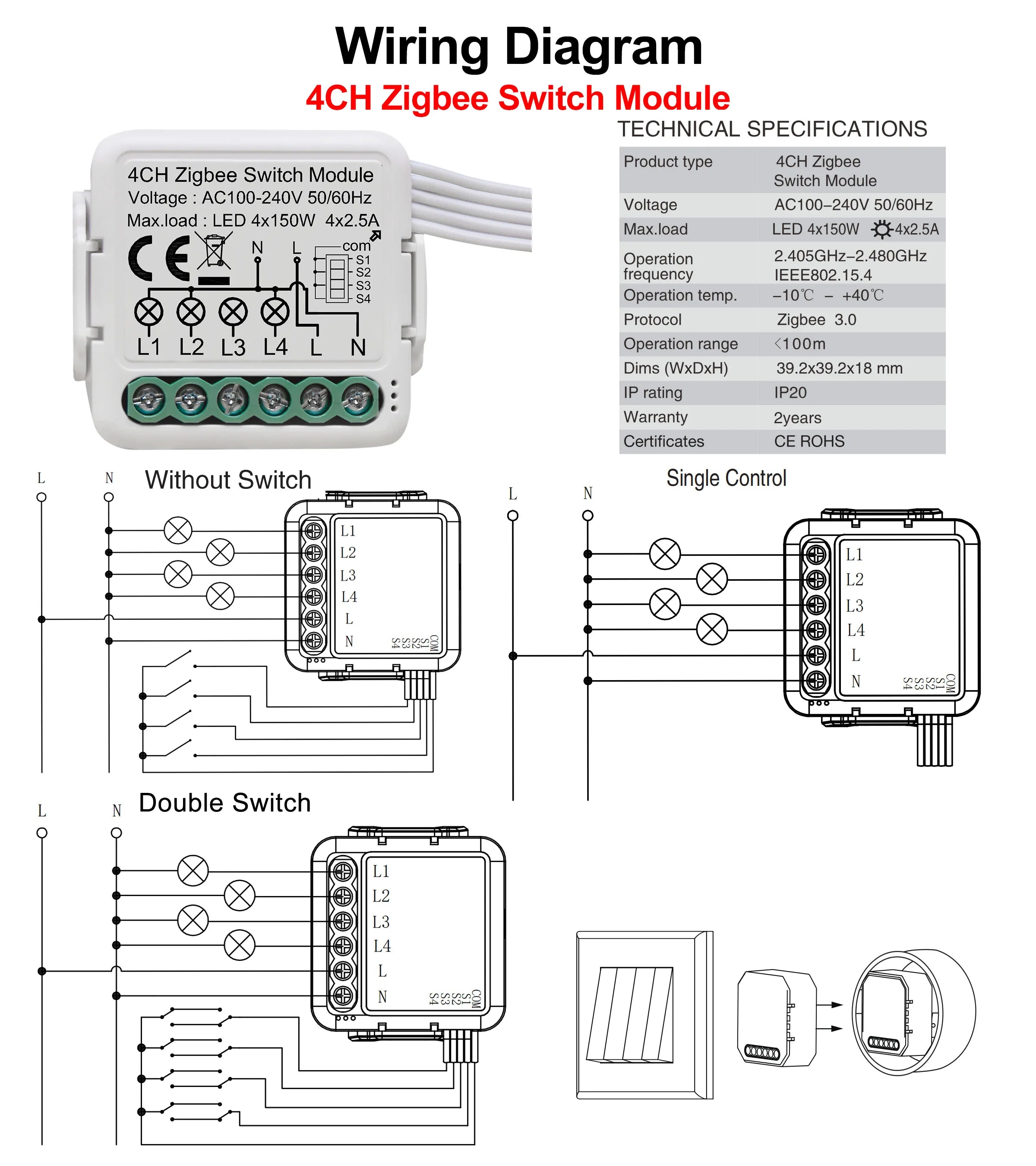 GIRIER Tuya ZigBee 3.0 Switch Module 10A Smart Home DIY Breaker 1 2 3 4 Gang Supports 2 Way Control Works with Alexa Google Home