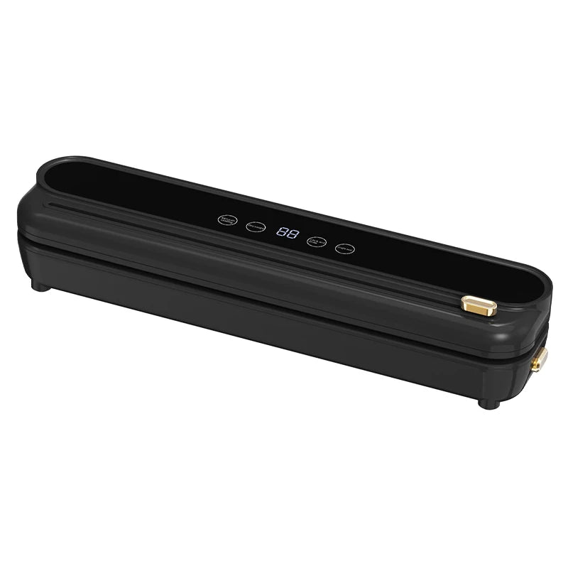 Black electric vacuum sealer machine, front view with gold latch and indicator lights