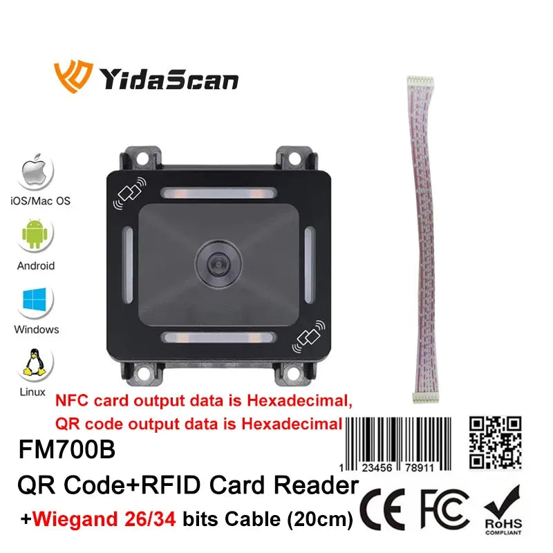 FM700B QR Code RFID Card Reader NFC 1D 2D QR Code Reader Access Control Barcode Scanner USB RS232 Wiegand for Kiosk Turnstile