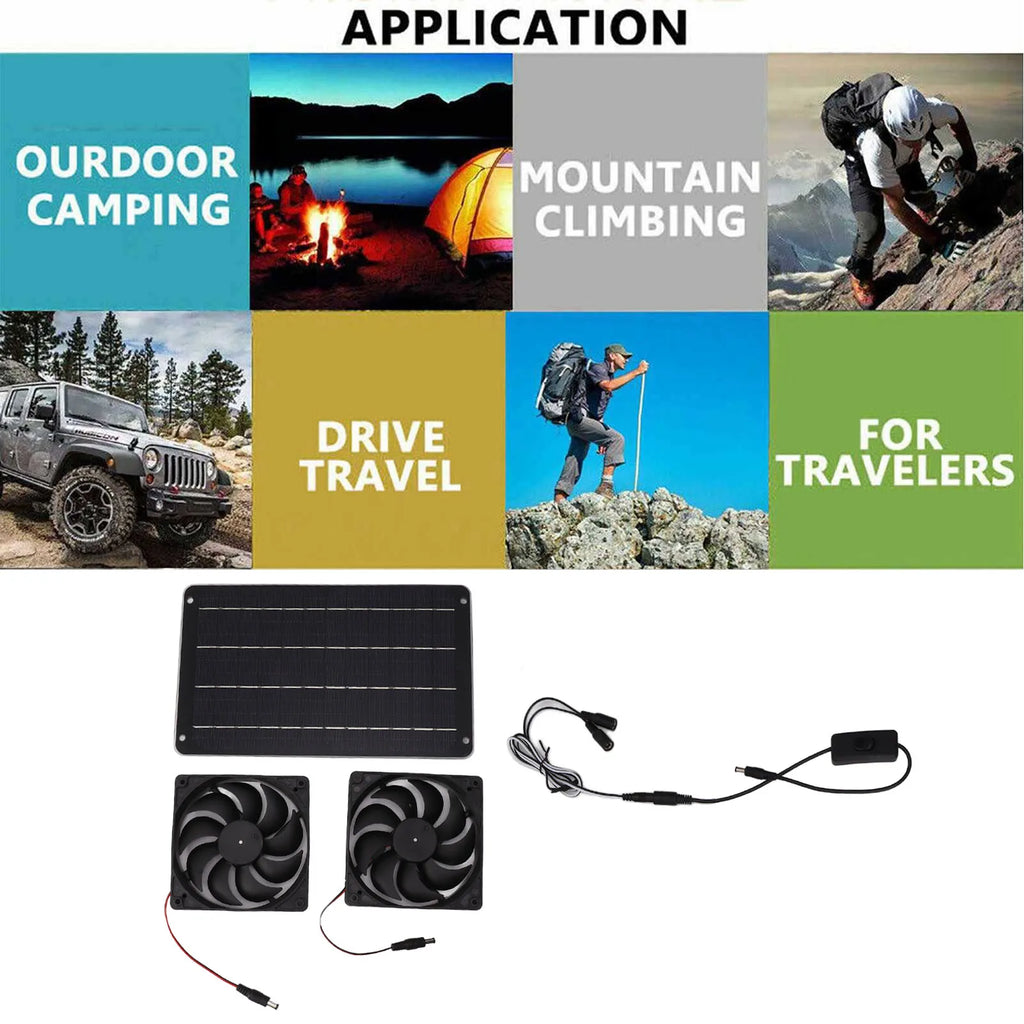20W solar-powered dual fan kit for pet houses, RVs, and greenhouses to provide energy-saving ventilation and cooling.