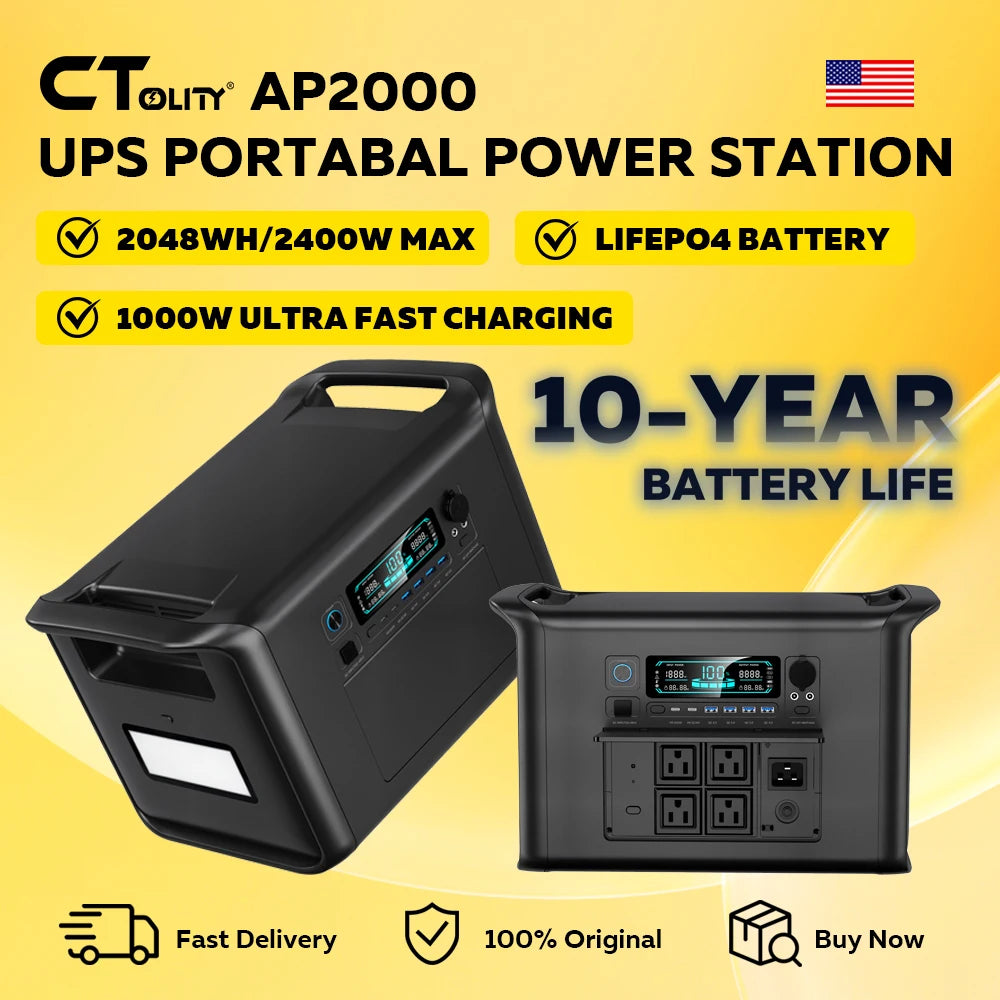 CTOLITY AP2000 2400W Portable Solar Generator 2048Wh LiFePO4 Battery Power Station AC Outlet Pure Sine Wave Emergency Power Supply for Camping Travel and Home Emergency Use