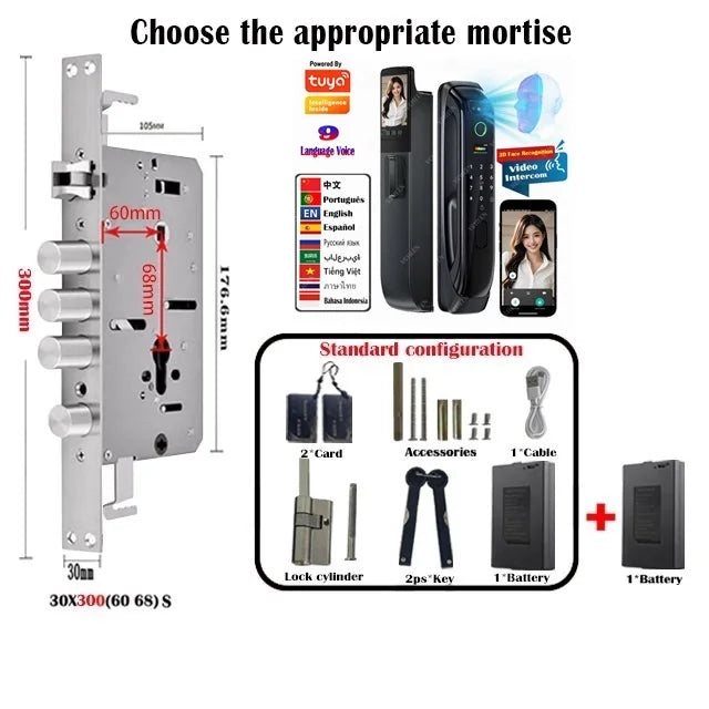 6068,5572,6072,6085 Mortise Lock Tuya Wifi App Camera Smart Digital Lock With Fingerprint Face Key Card Rfid