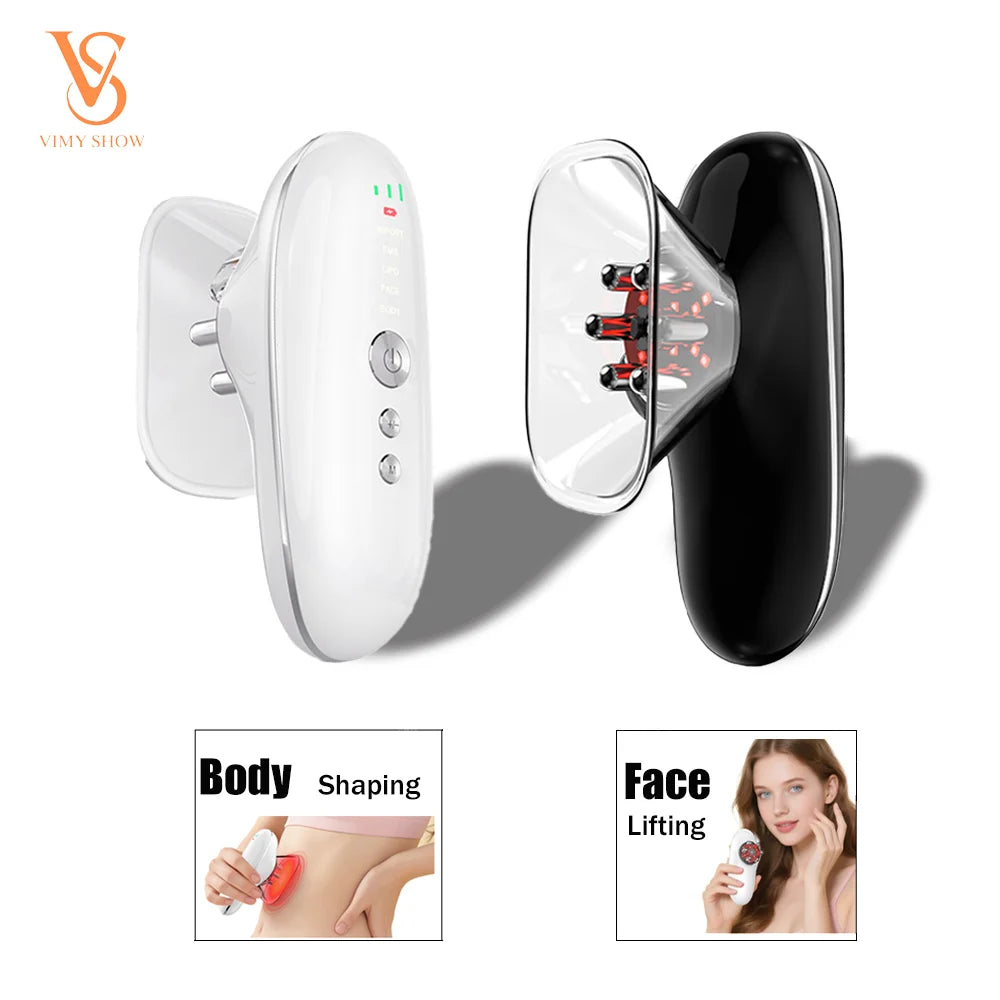 Two 4-in-1 sculpting devices in white and black with clear, multi-pronged massage heads and red light therapy.