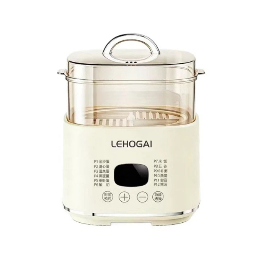 White electric egg steamer with clear lid and warming tray, compact breakfast cooker