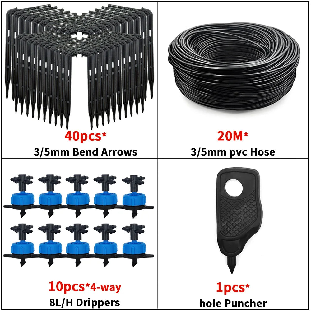 4-way drip irrigation kit with coiled 3/5mm hose, 10 blue drippers, and hole puncher