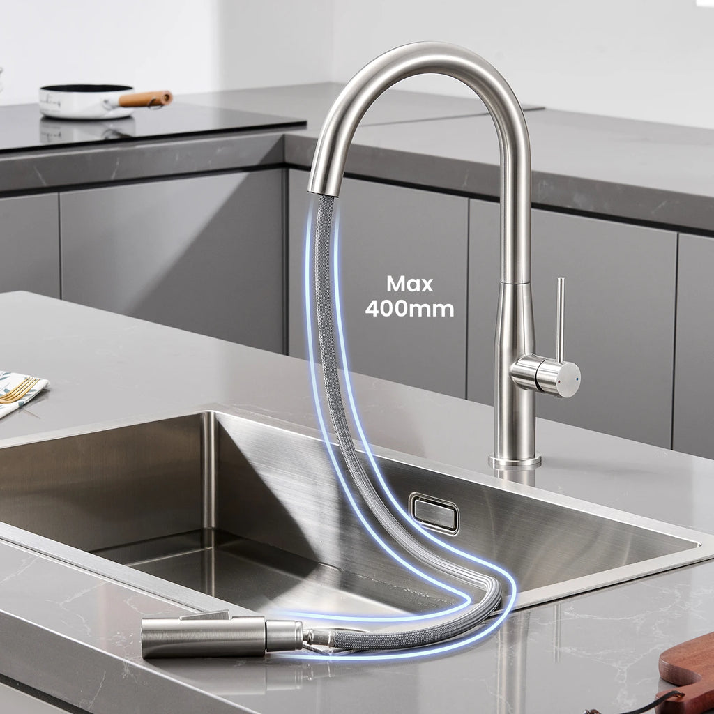 Brushed high-pressure kitchen mixer tap, pull-out spout, 2 spray settings, 360° swivel, replaceable aerator, high-performance valve