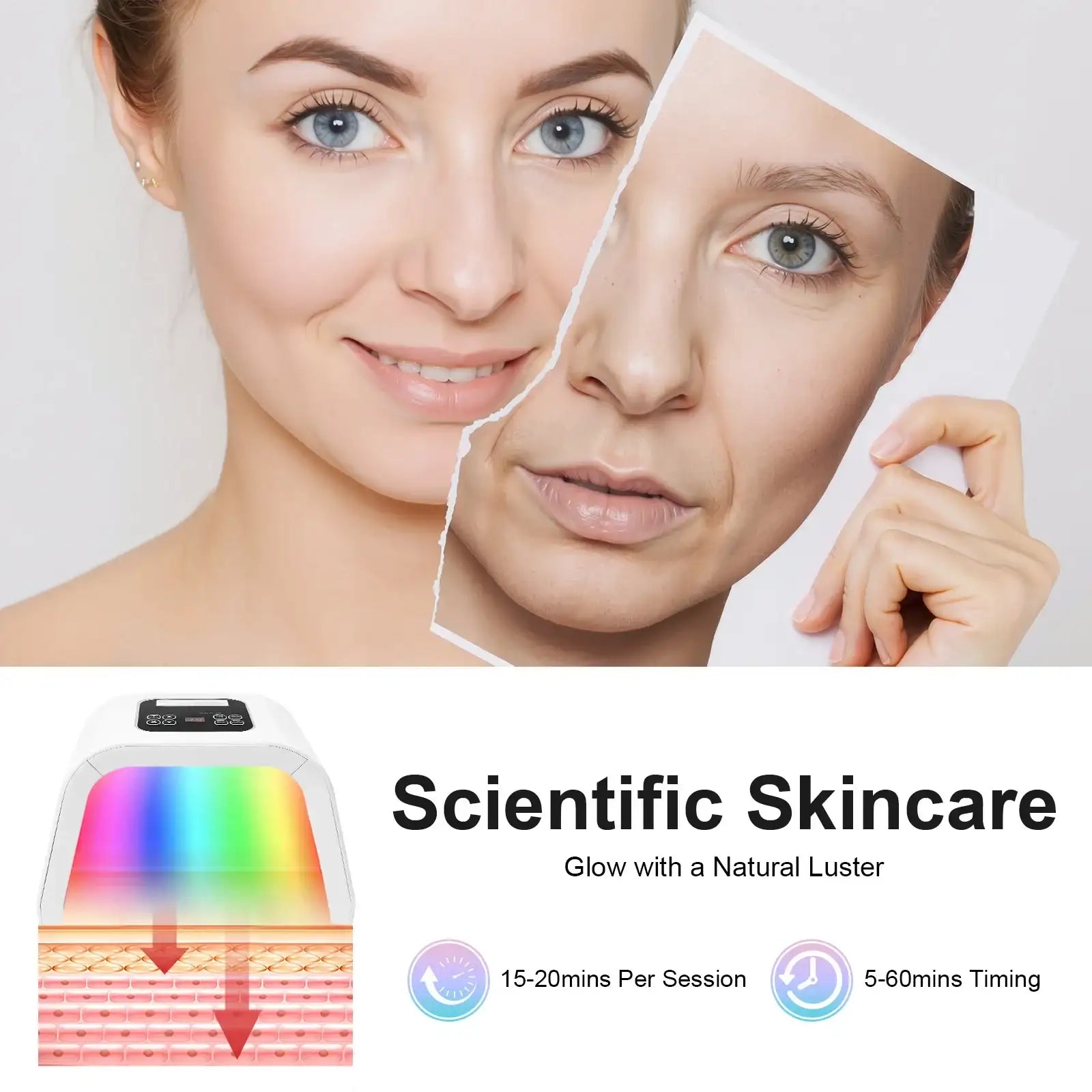White LED light therapy device for facial skin rejuvenation with adjustable timer settings.