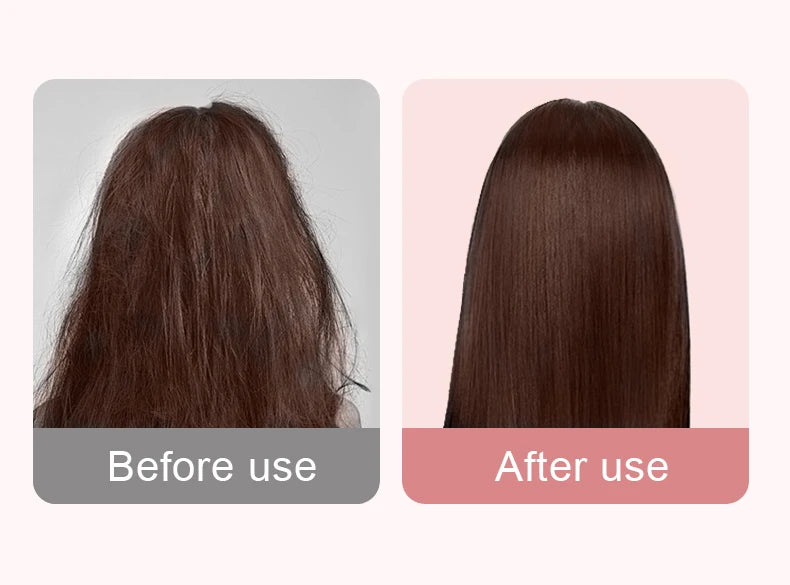 Before and after comparison of frizzy hair transformed using a high-temp plasma ion flat iron hair straightener.