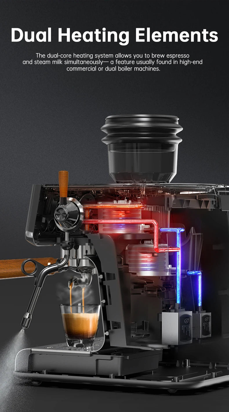 Black espresso machine cutaway showing dual heating elements, wood handle, and steaming milk wand for brewing.