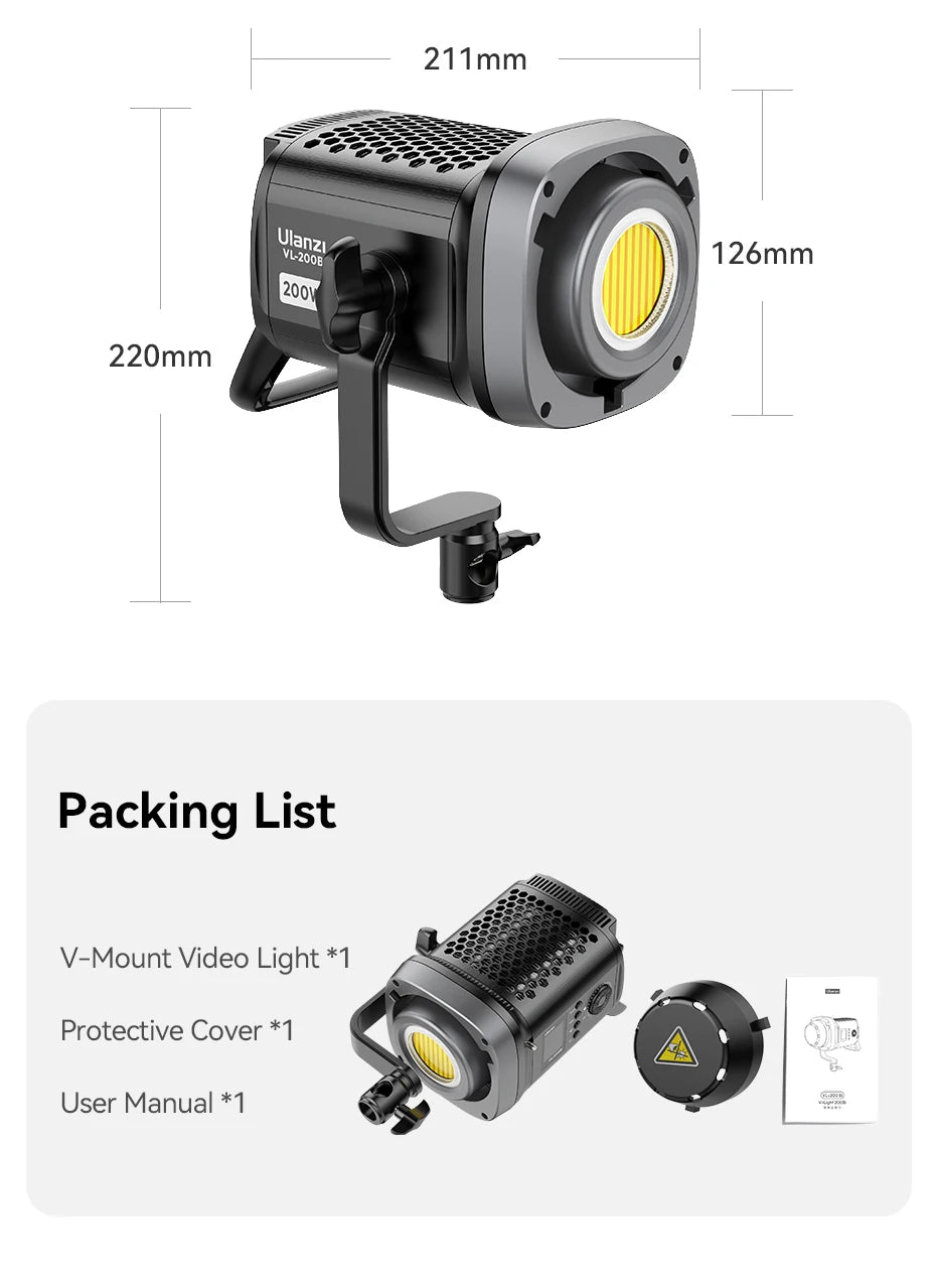 200W V-mount LED video light with metallic black housing, COB bulb, U-bracket mount, and protective cover.